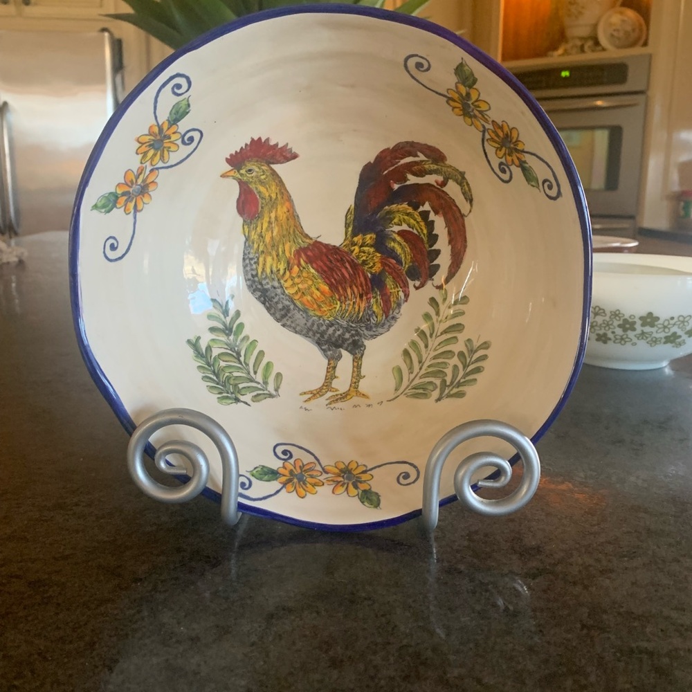 Rooster Ceramic Bowl with Blue Accents EUC